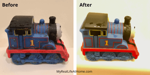 Blue Thomas the Train bath toy - dirty before and clean after