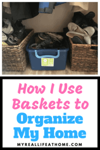 2 wicker baskets, 1 plastic basket all filled with shoes