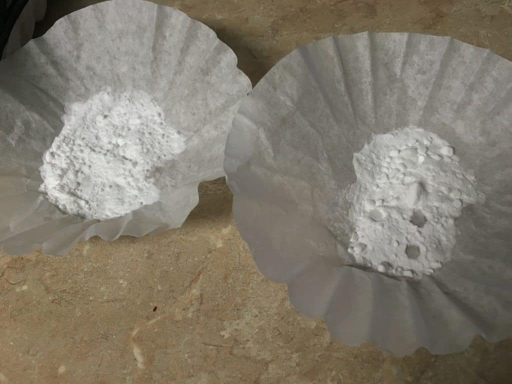 Coffee filters with a mixture of baking soda and tea tree oil inside