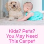 baby and dog on carpet