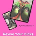 Two pairs of shoes with tea bag and coffee filters with title Revive Your Kicks, Kill the Stink