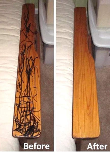 Wooden arm of futon covered with permanent marker. After picture of wooden futon arm with no marker