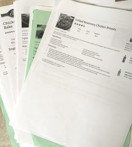 Printed recipes on 8.5" x 11" paper