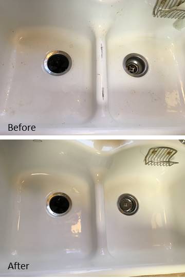 white porcelain sink - dirty before picture and clean after picture 